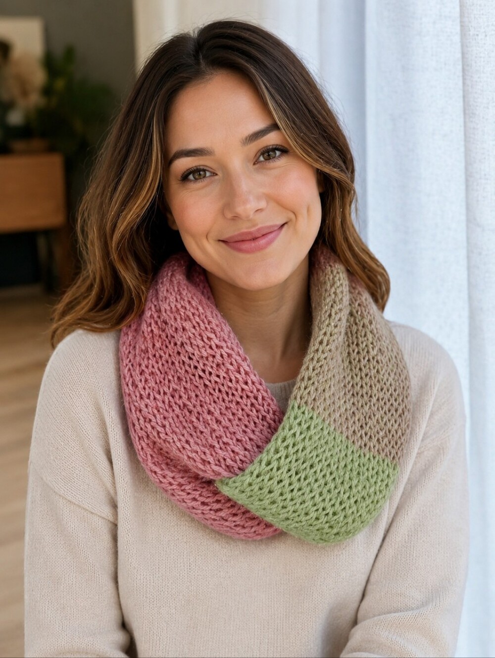 Hand Knit Infinity Cowl In Dusty Rose And Leaf Green